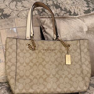 Coach Tan Signature Tote with Gold Accents